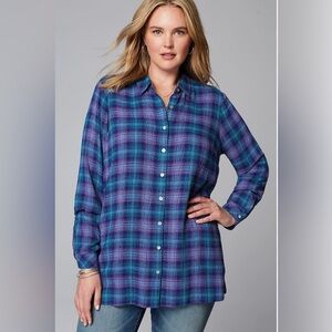 J. Jill Crinkled Plaid Button Front
Tunic Color Majestic Violet Multi Small
NWOT
